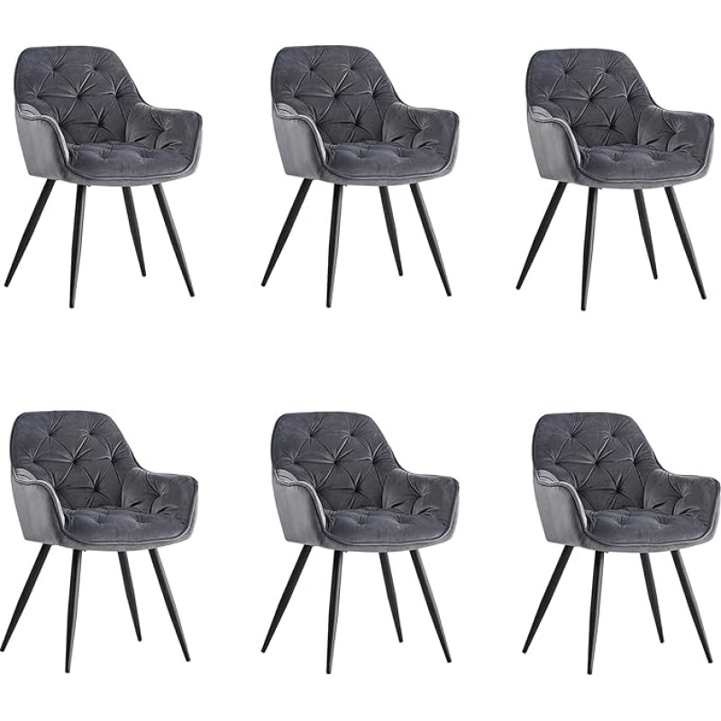 Jahecome Dining Room Chairs, Made of Fabric (Velvet), Living Room Chair, Choice of Colours, Retro Design Armrest, Chair with Backrest, Metal Legs, Black (Grey, 6)
