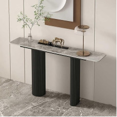 Modern Console Table, Narrow Entrance Table with Faux Marble Top, Stylish Sofa Table with Geometric Metal Legs for Living Room and Hallway (Black, 140cm)