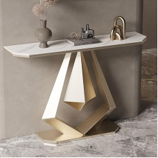 Moderner schmaler Konsolentisch für hinter der Couch, industrieller Eingangstisch mit geometrischem Metallsockel, Sofatisch für Flur, stilvolles Gold-Finish, 100 cm