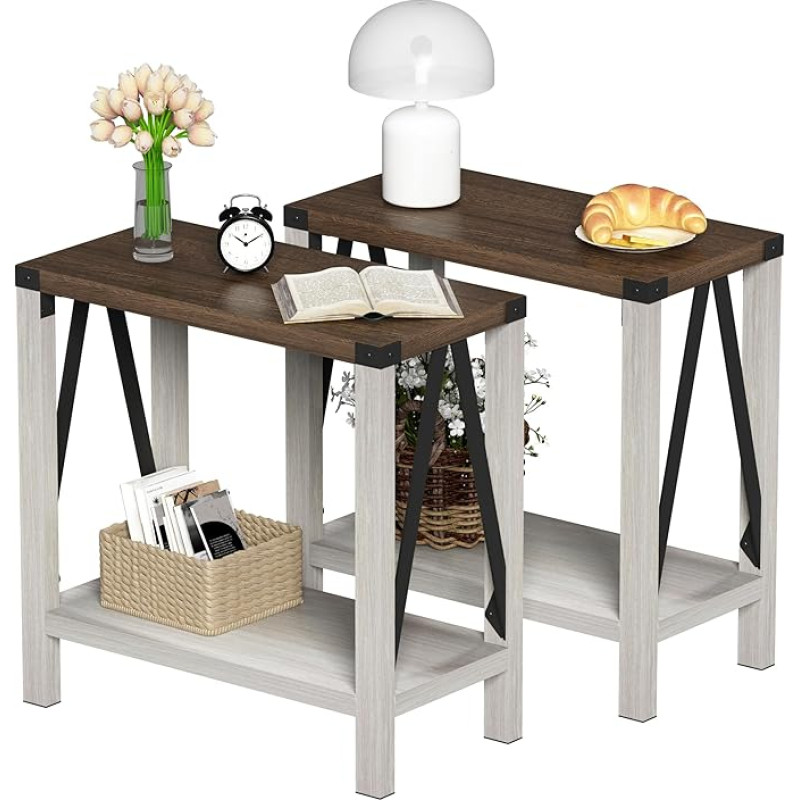 ChooChoo Farmhouse Side Table for Small Spaces, Narrow Side Table with Shelf, Rustic A-Design Bedside Table, Sofa Table for Living Room, Bedroom (White & Brown), Pack of 2