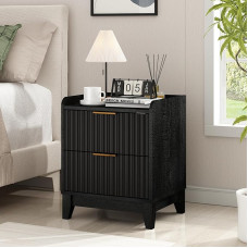 Wnutrees Geriffelter Nachttisch mit Ladestation, Moderner Nachttisch mit 2 Schubladen, Bauernhaus Holz Beistelltisch Wohnzimmer, Schwarz