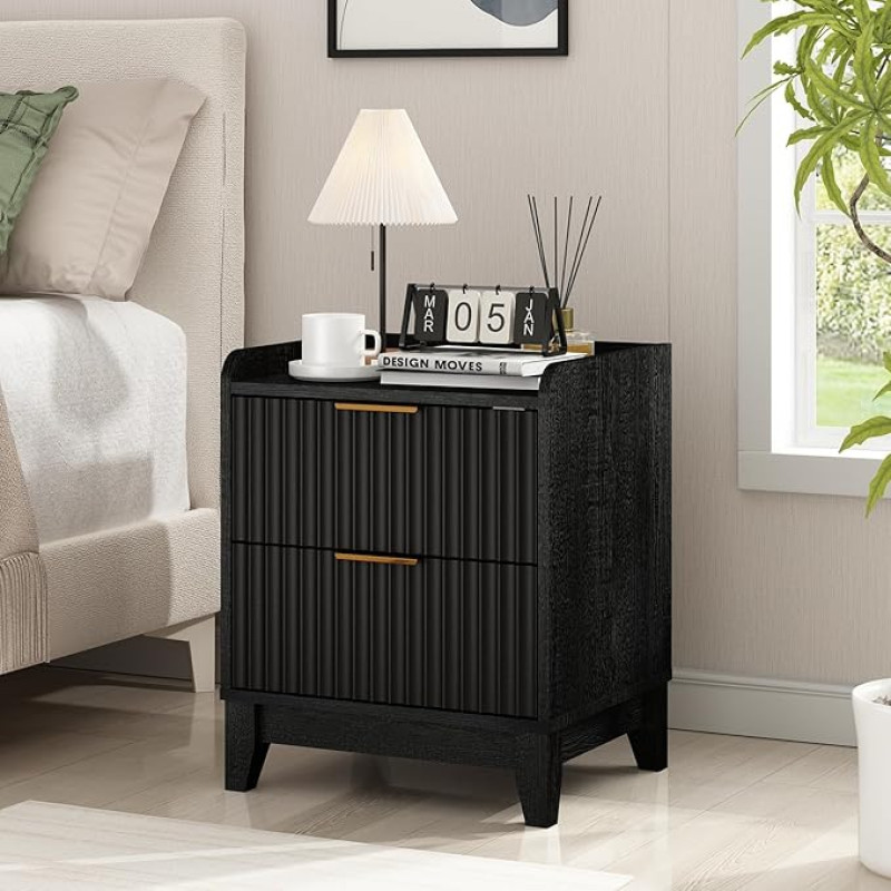Wnutrees Geriffelter Nachttisch mit Ladestation, Moderner Nachttisch mit 2 Schubladen, Bauernhaus Holz Beistelltisch Wohnzimmer, Schwarz