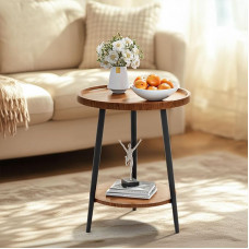 Modern Round Side Table with Shelf, White Table Top with Natural Wood Legs