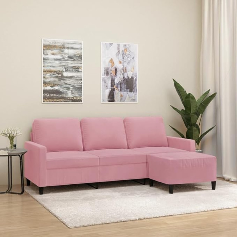 Homgoday 3-Seater Sofa with Stool, Lounge Sofa, Couch, Guest Sofa, Sofa in L-Shape, Corner Sofa, Relaxing Sofa, Seat Furniture for Living Room, Office, Bedroom, Pink, 180 cm, Velvet