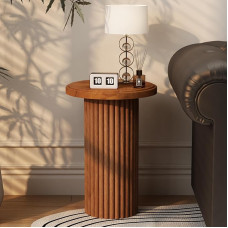 JOLLYMER Runder Beistelltisch aus Holz, geriffelter Akzenttisch, kleiner Beistelltisch für Wohnzimmer, Schlafzimmer, komplett montiert