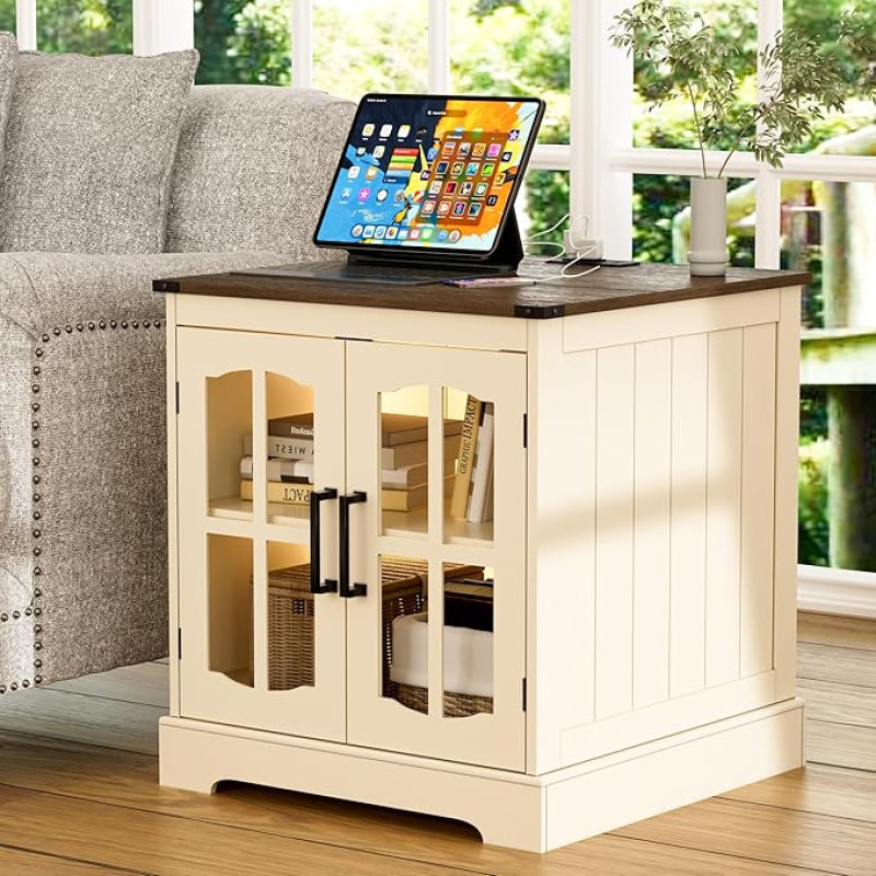 ChooChoo Farmhouse Side Table, 24 Inch Sofa Side Table with Charging Station & LED Light, White Bedside Table with Adjustable Storage Shelf, Square Bedside Table for Living Room,