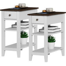 ChooChoo Beistelltisch Wohnzimmer 2er Set, schmaler Beistelltisch mit Schublade und Ablage, 3-stöckiger Sofa-Beistelltisch für kleinen Raum, Bauernhaus, Weiß