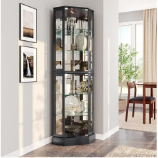 BELLEZE Lighted 3-Sided Glass Display Cabinet with Tempered Glass Doors and Shelves, Curved Wood Corner Cabinet with Bulb, Corner Shelf for Bar and Spirits Storage - Ashfield (Black)