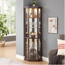 XZTUAJ Curio Illuminated Corner Display Cabinet, Glass Cabinet with Adjustable Shelves and Tempered Glass, Wooden Corner Cabinet with Mirrored Back Panel for Living Room (Dark Cherry)