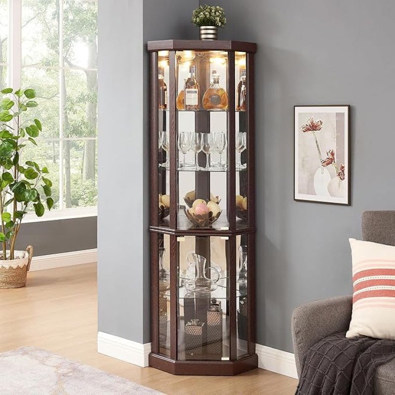 XZTUAJ Curio Illuminated Corner Display Cabinet, Glass Cabinet with Adjustable Shelves and Tempered Glass, Wooden Corner Cabinet with Mirrored Back Panel for Living Room (Dark Cherry)