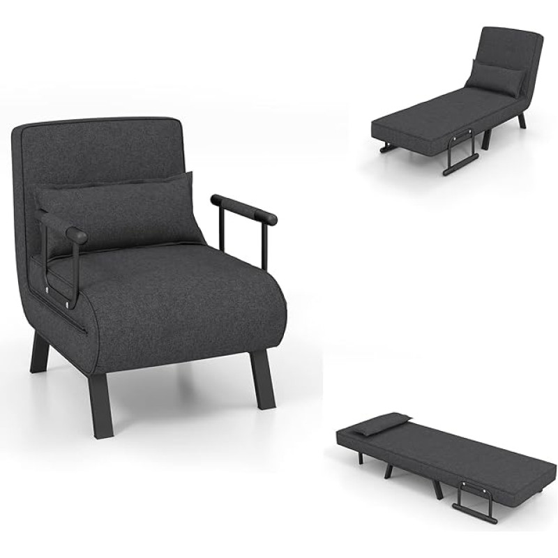 LIFEZEAL Folding Sofa Bed, Multifunctional Sleeping Chair with 5-Way Adjustable Backrest, Sofa Bed, Lounge Sofa with Cushion, Sofa for Small Homes, Apartment, Office, up to 150 kg (Grey)