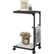 C-Shaped Side Table, Adjustable Side Table with Wheels, C Table for Small Spaces, Coffee Table with Storage Space for Sofa, Living Room, Bedroom (Black)