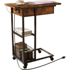 LIDYUK C-Shaped Side Table with Charging Station, Flip Top Side Table with USB Ports and Outputs, C Table, Sofa Table with Storage Shelf for Living Room, Bedroom, Brown