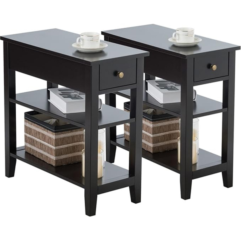 KOTEK Side Table Set of 2 with Drawer and Open Storage Shelf, Narrow Side Table, Narrow Bedside Table, 3-Tier Bedside Table for Living Room, Bedroom, Office (Black)