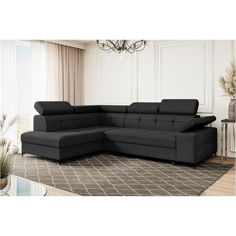 MEBLINI Bergamo Sofa Bed with Bed Box - Corner Sofa with Sleep Function - Sofa with Relaxation Function - Couch L-Shape - Corner Couch - Living Landscape - 274 x 203 x 83 cm Left - Dark Grey Velvet