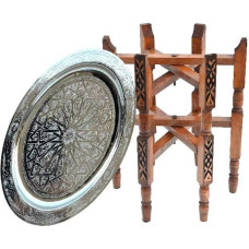 Oriental Table, Made of Silver-Plated Brass Tray, Cedar Wood Frame, Diameter 40 cm, for Your Living Room, Antique Vintage Moroccan Side Table, Sofa Table, 100% Traditional Handmade