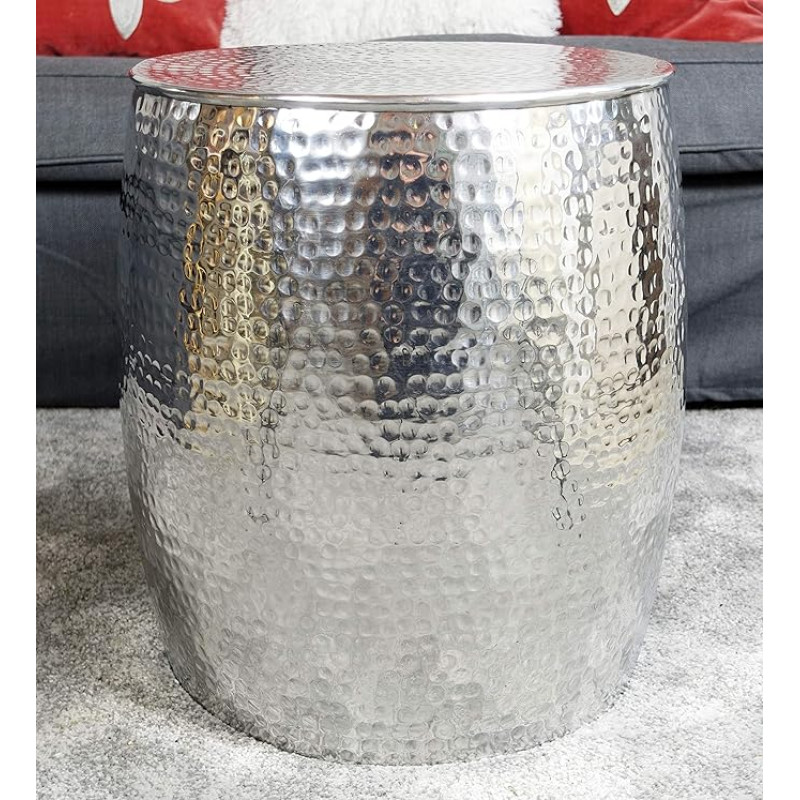 Modern Coffee Table, Living Room Table, Sofa Table, Side Table, Metal, Hammered Oriental Aluminium, Round, Silver, Luxury, 47 cm