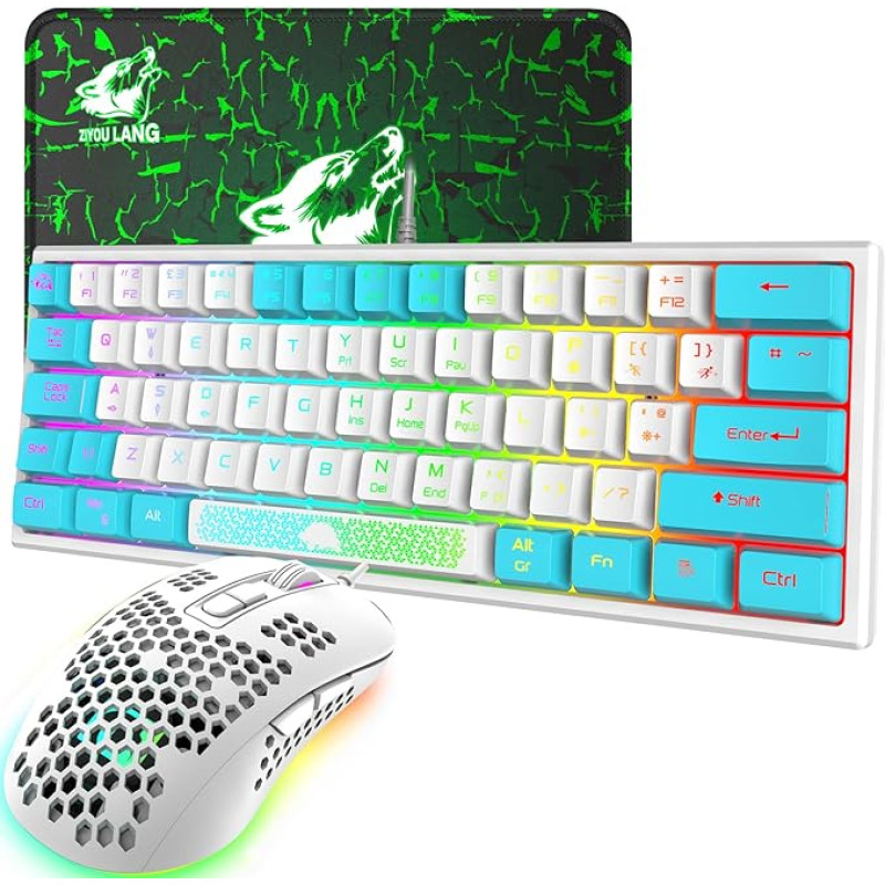K61 UK Layout 60% Gaming Keyboard Mouse Set Wired 62 Keys 7 RGB LED Backlight 19 Keys Anti-Ghosting+ 2400 DPI Ultralight Gaming Mouse with Honeycomb Shell + Mouse Pad White Mixed