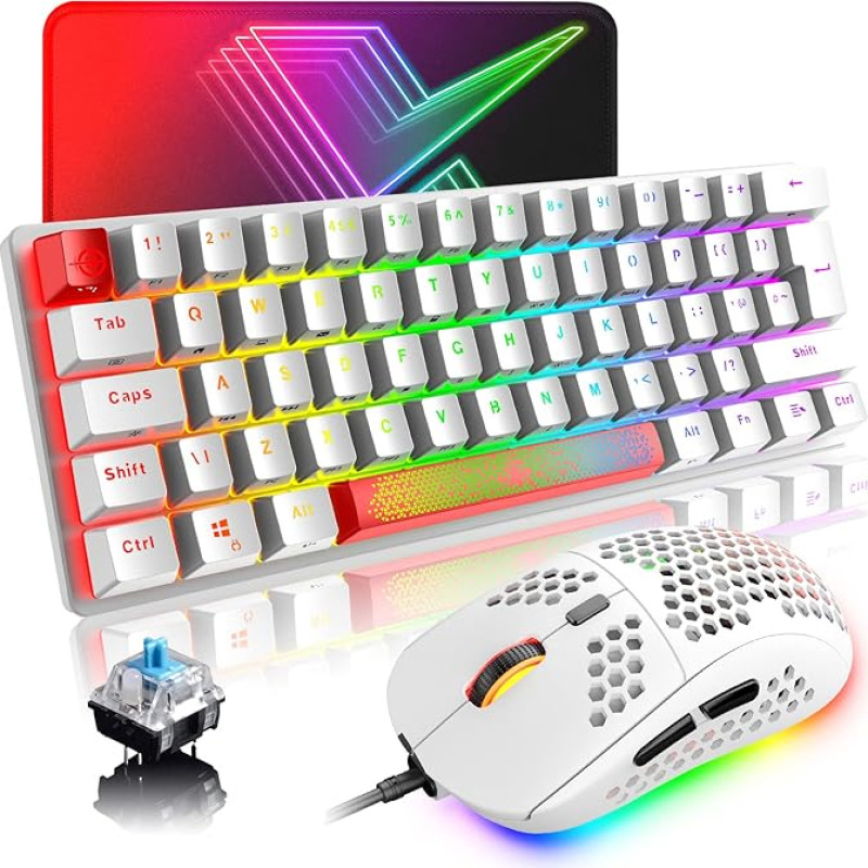 LexonElec Gaming Keyboard (Red White) UK Layout Mechanical Gaming Keyboard RGB 14 Backlight Effects Mini 62 Keys Cable Type C + Lightweight RGB 6400DPI