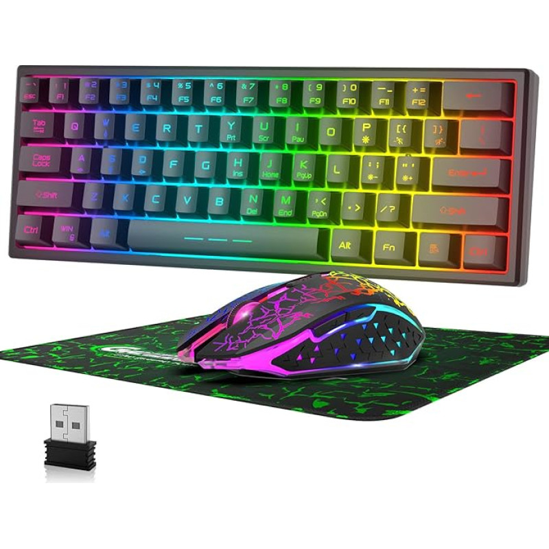 60% Wireless Gaming Keyboard and Mouse Combo Set 2.4 GHz Rechargeable 3800 mAh Quiet 61 Keys Compact Keyboard with Rainbow LED Backlight + 2400 DPI 6 Buttons Rainbow LED Mouse (Black)