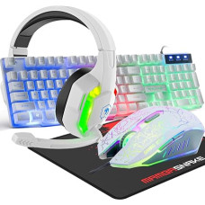 Wired Gaming Keyboard 104 Keys 3D Stereo Gaming Headset Combo with Multi-RGB Backlight Ergonomic Adjustable Microphone 2400DPI Large Mouse Pad Waterproof for PC