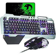 Gaming Keyboard and Mouse Combo Gray Metal Alloy 16 LEDs RGB Backlit Wired USB Keyboard with Wrist Rest + 3200DPI LED Breathing Backlit Mouse