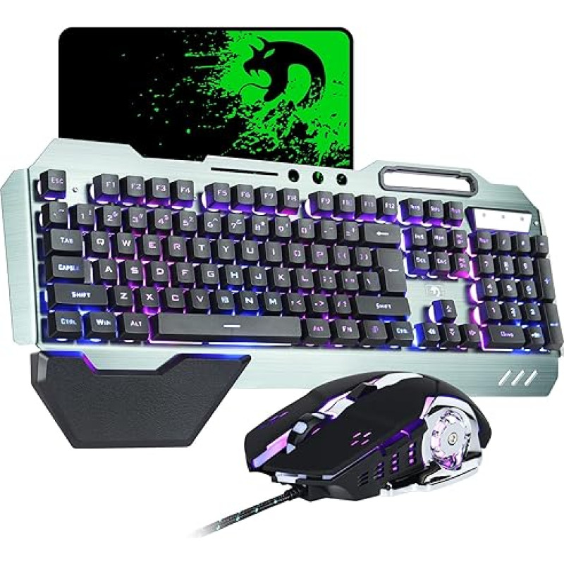 Gaming Keyboard and Mouse Combo Gray Metal Alloy 16 LEDs RGB Backlit Wired USB Keyboard with Wrist Rest + 3200DPI LED Breathing Backlit Mouse