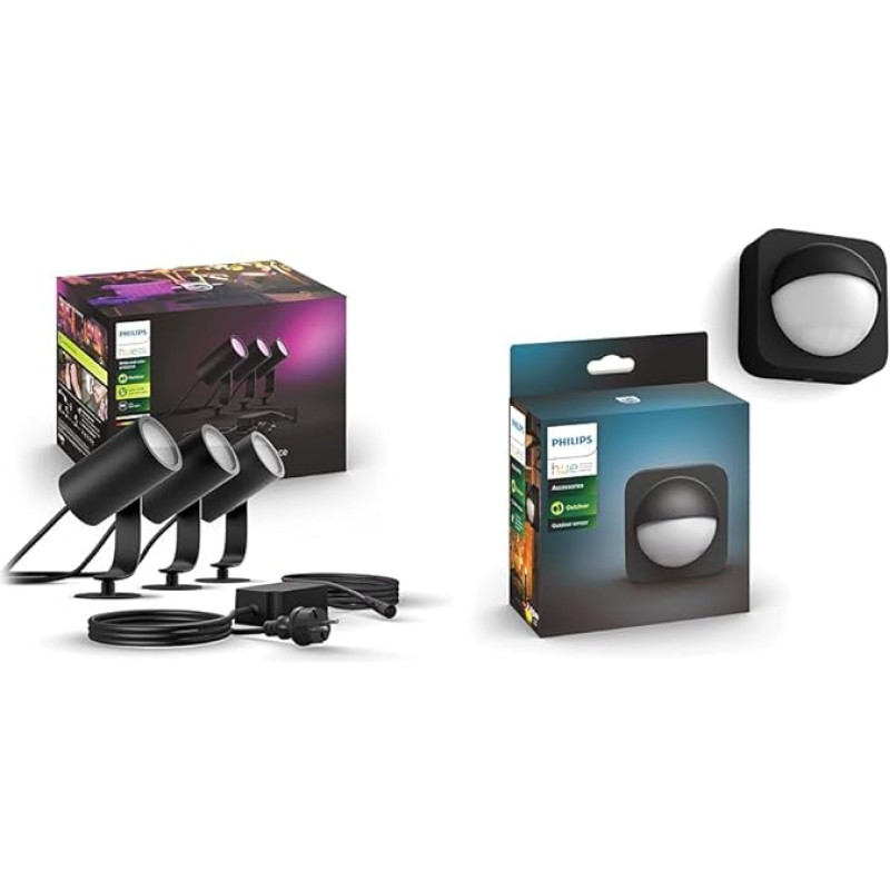 Philips Hue White ja Color Ambiance Lily LED aialampide komplekt, 3 komplekti, põhikomplekt, ühildub Amazon Alexa (Echo, Echo Dot) + liikumisandur välitingimustes kasutamiseks, integreeritud päevavalgusandur, must