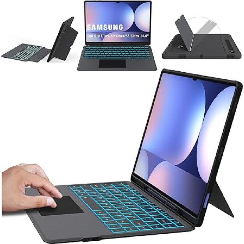 ROOFEI Galaxy Tab S10 Ultra/S9 Ultra/S8 Ultra ümbris koos klaviatuuriga QWERTZ - eemaldatav klaviatuur koos puuteplaadiga - 7-värviline valgustusega klaviatuuri ümbris 14,6-tollisele Samsung Tab S10 Ultra 2024/S9 Ultra/S8 Ultra'le