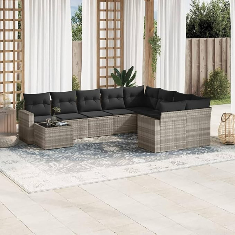 Homgoday Gartensofa-Set 10-teilig mit Kissen hellgrau Polyrattan, Möbel Set Schlafsofa Wohnzimmer Couch, Set Sofas für den Außenbereich, Gartenmöbel Typ 3219452