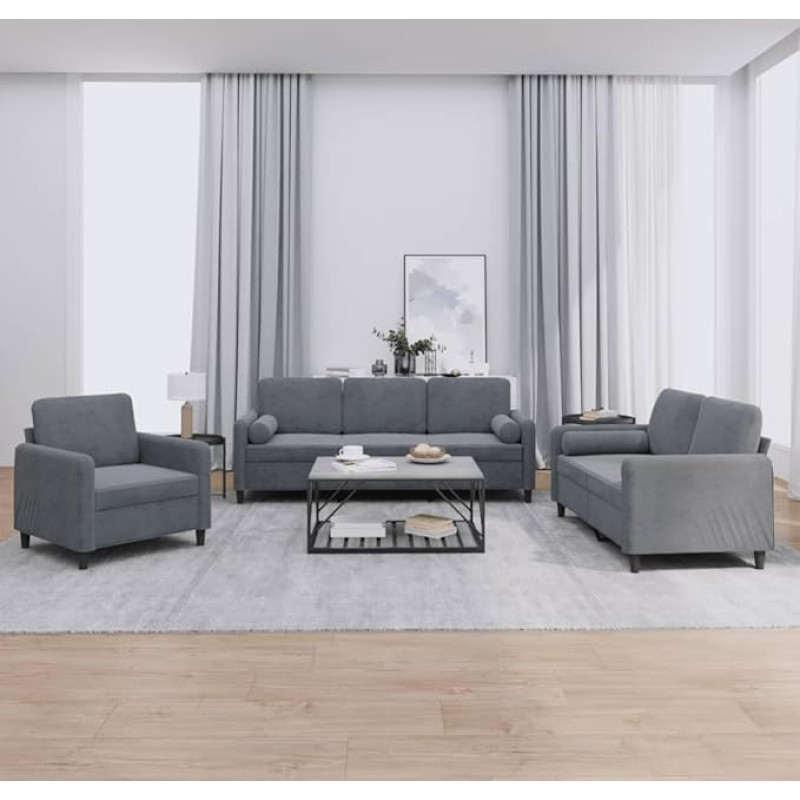 Brokky 3-TLG. Sofagarnitur mit Kissen Sofa Wohnzimmer Sitzgruppe Wohnzimmer Sofa Set Sofas FüR Wohnzimmer Dunkelgrau Samt / 3201955
