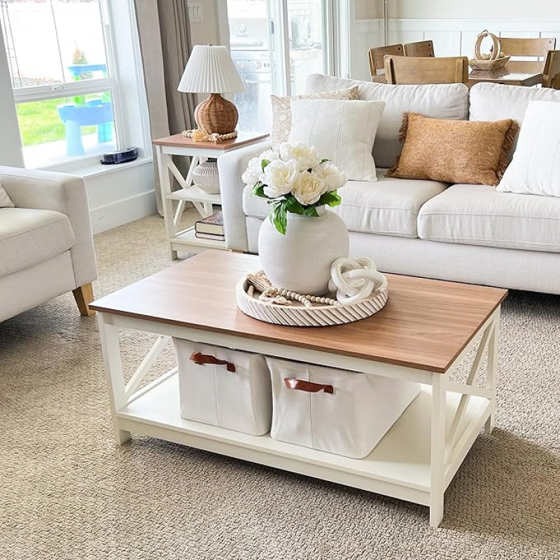 PHI VILLA Coffee Table - Modern Coffee Tables with Storage Space for Living Room Shelf 2 Tier Farmhouse Coffee Table Set
