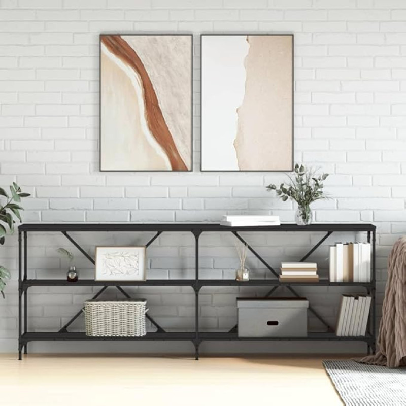 Makastle Narrow Console Table with 2-Tier Shelves, Entrance Table, Hallway Table, Exhibition Table, Sofa Table for Living Room, Black, 200 x 30 x 75 cm, Wood Material and Iron