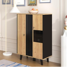 KAZZIO Side Cabinets Sideboard Display Cabinets with Glass and LED Lighting Includes Laminates Combining Black and Wood Colours Unique Black Wood Stripe Design
