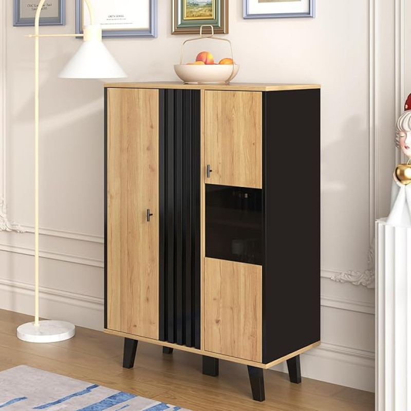 KAZZIO Side Cabinets Sideboard Display Cabinets with Glass and LED Lighting Includes Laminates Combining Black and Wood Colours Unique Black Wood Stripe Design