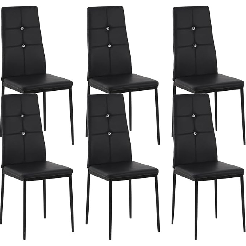 HOMCOM Set of 6 PU Padded Dining Room Chairs High Back Kitchen Chairs with Buttons and Steel Legs Modern Design for Living Room Bedroom Black