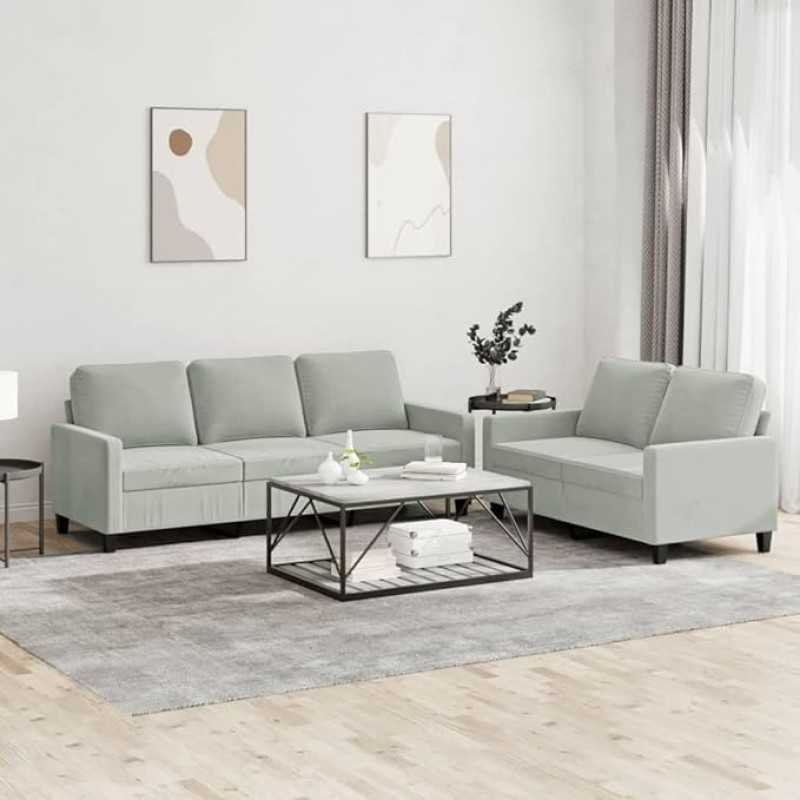 Brokky 2-TLG. Sofagarnitur mit Kissen Sofa Wohnzimmer Sitzgruppe Wohnzimmer Sofa Set Sofas FüR Wohnzimmer Hellgrau Samt / 3201516