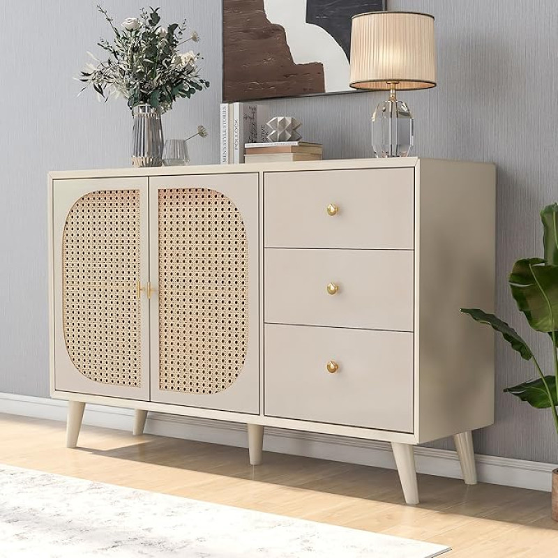 Azkoeesy Rattan Sideboard Chest of Drawers with 2 Rattan Doors and 3 Drawers, 120 x 40 x 82 cm, Buffet Kitchen Cabinet, Garden Furniture for Living Room (Off-White)