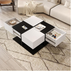 LANTRO JS Beistelltische fürs Wohnzimmer, Couchtisch mit 2 Schubladen, Hochglanz Coffee Table, Sofatisch, 70×70×35.5cm, Schwarz und Weiß