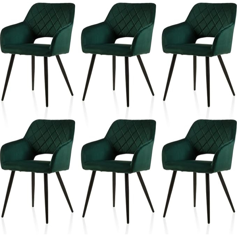 TUKAILAI Dining Room Chairs Set of 6 Velvet Kitchen Chairs Upholstered Chairs with Open Backrest, Armrests, Padded Seat, Metal Legs, Chairs for Living Room, Dining Room, Kitchen, Green