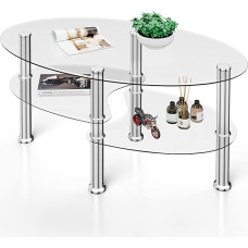 GIANTEX Glass Oval Coffee Table, Side Table, Glass Table, Coffee Table with Metal Frame, Living Room Table with 3 Levels, Tempered Glass, Transparent