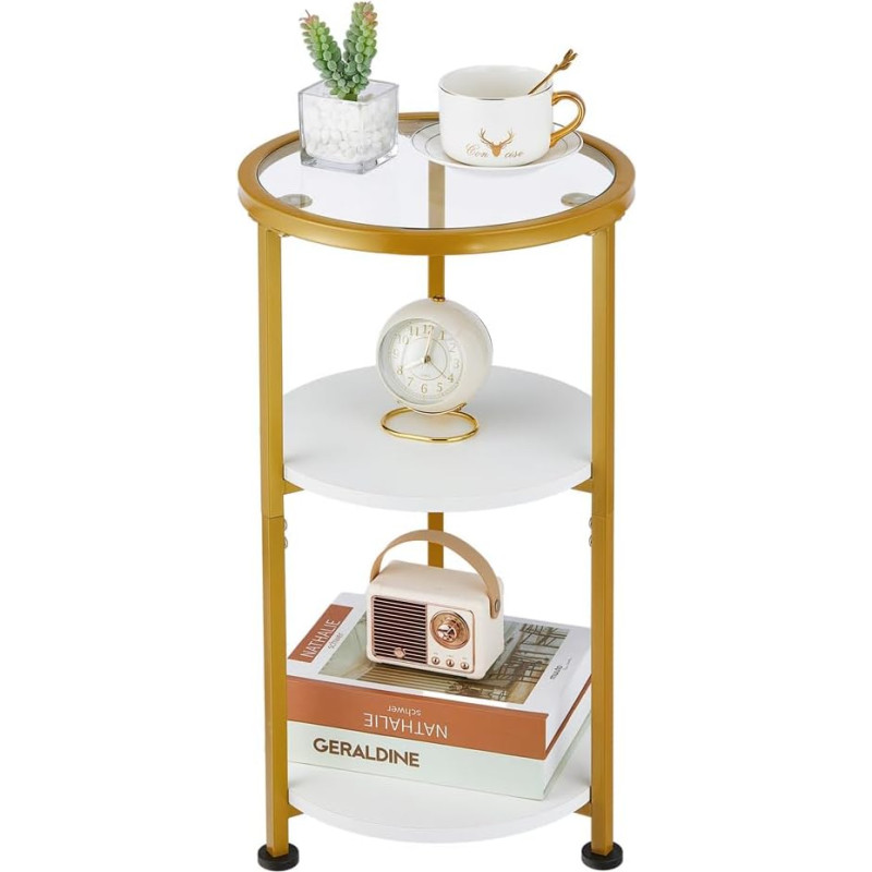 ZEXVIDA Runder Beistelltisch, 3 Etagen Glas Beistelltisch mit Metallrahmen, Gold Couchtisch mit modernem Stil für Wohnzimmer, Balkon, Schlafzimmer (Weißgold)