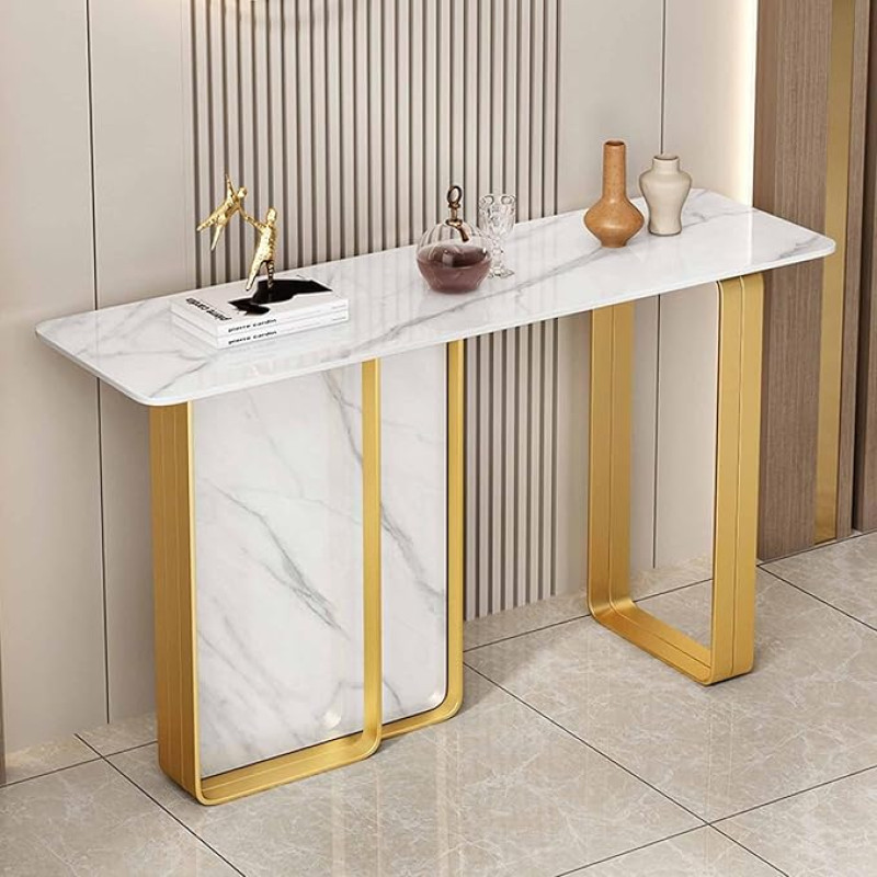 RUYICZB Console Table, Narrow Long Sofa Table, Modern Entrance Table with Metal Frame, Accent Table, Table Behind the Couch for Living Room, Entryway, Hallway, Foyer, White Gold