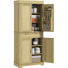HOMCOM Boho Style Tall Sideboard with 2 Cabinets and One Drawer Kitchen Furniture Kitchen Shelf Wooden Rattan 76 x 40 x 183 cm Oak