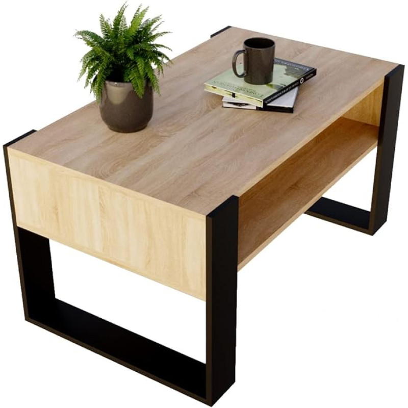 Karo 0012 Rectangular Coffee Table Wooden Modern Tea Table 95 x 53.6 45 cm Solid and Stable (Bardolino Oak/Black)
