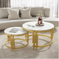 Modular Coffee Table Set, Golden Metal Frame, Marble Look, Round Tables in Two Sizes