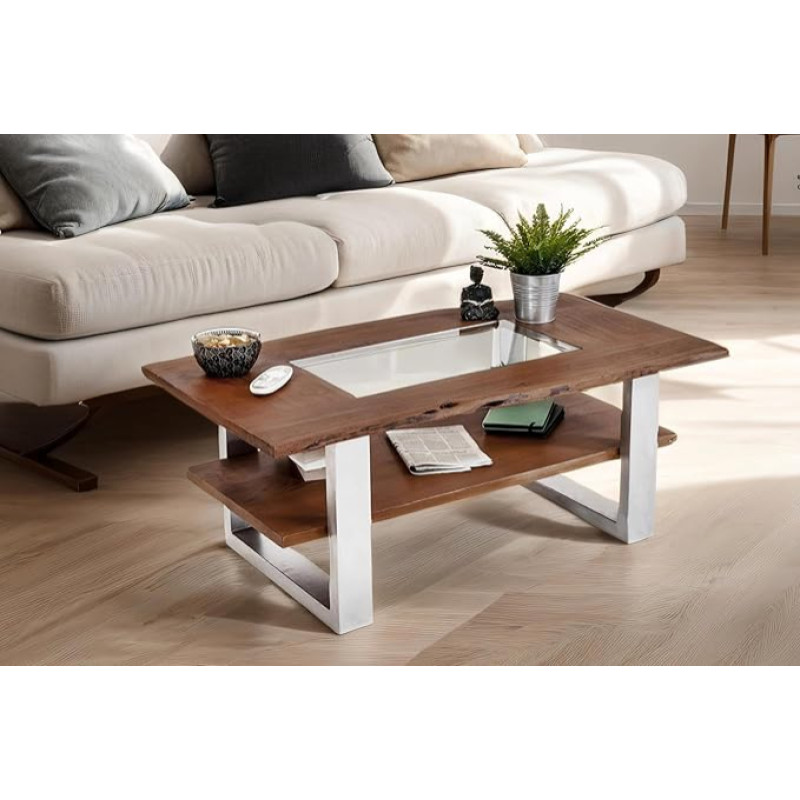 SAM Patrick Coffee Table 115 x 65 cm Sofa Table with Shelf and Glass Top, Solid Acacia Wood + Walnut-Coloured, Side Table with Silver U-Metal Frame, Real Tree Edge
