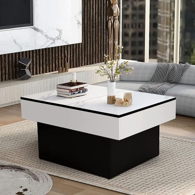 Vowner Coffee Table, Modern Coffee Table, Extendable Desk, Living Room Table with 2 Storage Spaces, High Gloss Finish, 114 x 58 x 40 cm, White Marbling