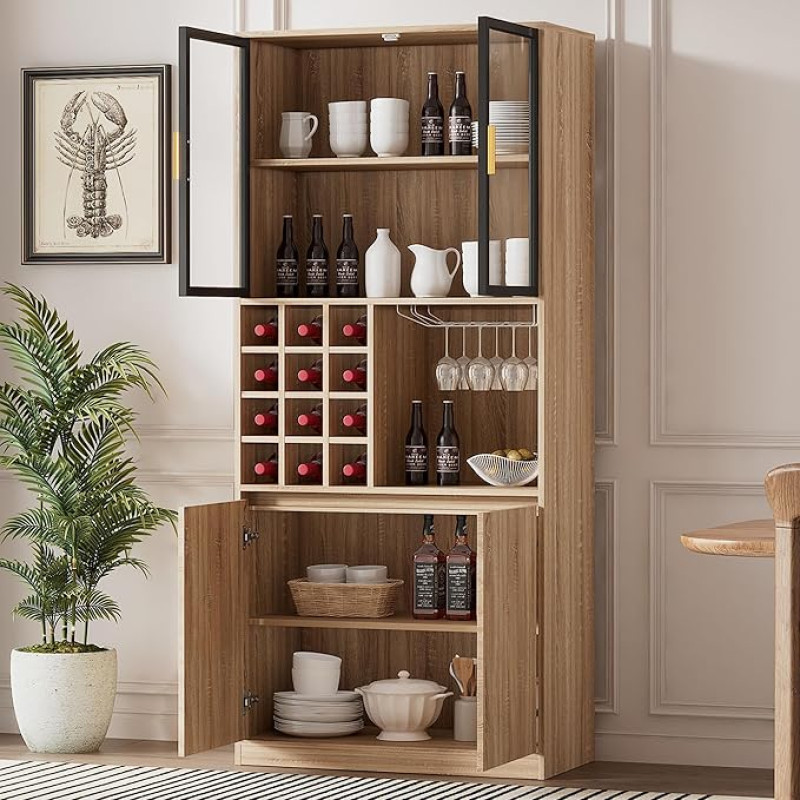 Oxtao Bathroom Cabinet, Spirit Cabinet, Display Cabinet with Glass Doors and Lighting 180 cm (Wood Colour B)