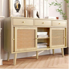 Sweiko Sideboard, Rattan Chest of Drawers Storage Cabinet with 3 Drawers and Sliding Doors, Multifunctional Kitchen Cupboard, Dining Table with Solid Wood Legs, Multi-Purpose Cabinet with Adjustable